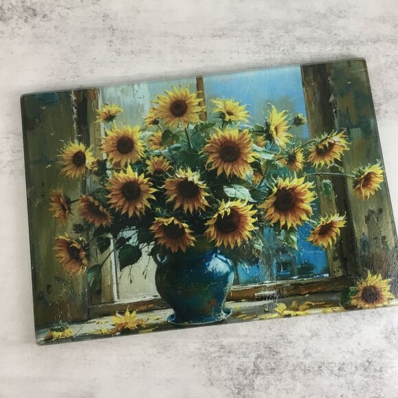 Rustic Sunflower Oil Painting Glass Cutting Board - Picture 2 of 13